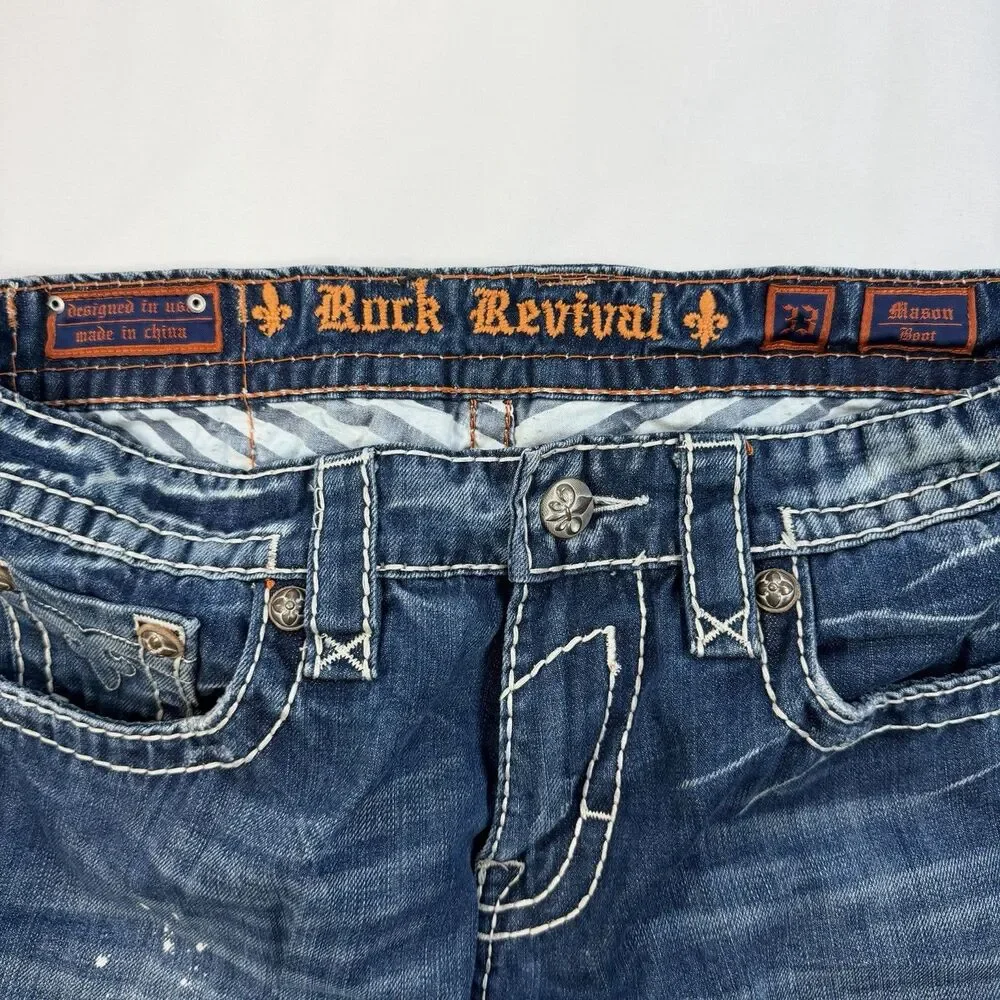 Rock Revival Mason Jeans Sz 33 Blue Distressed Bootcut Denim Y2K Grunge Festival - Picture 6 of 13